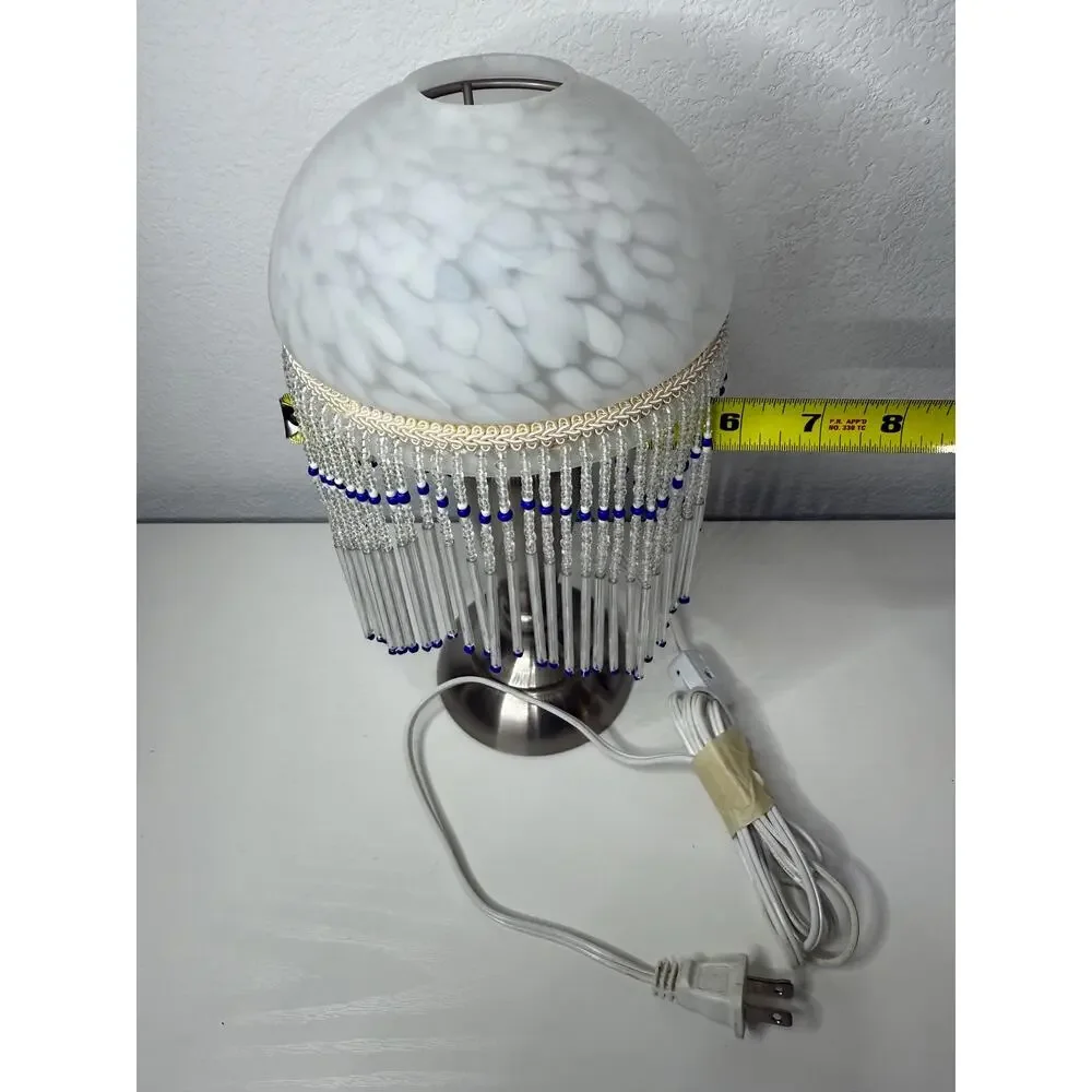 Boudoir Accent Lamp, Frosted Glass Globe Shade, Cobalt Blue Bead Fringe